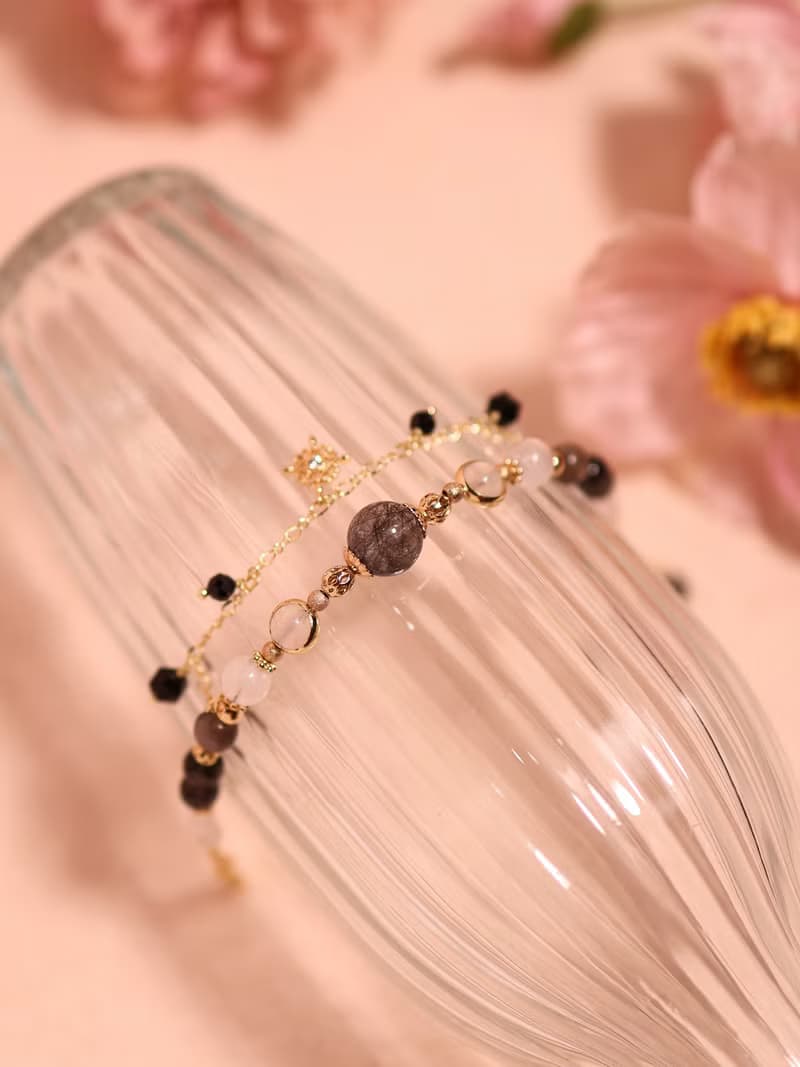 黑曼陀羅。滿絲黑髮晶 月光石 黑太陽石 14K包金 水晶礦石手鍊