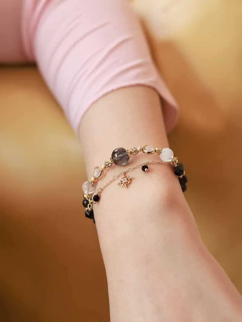 黑曼陀羅。滿絲黑髮晶 月光石 黑太陽石 14K包金 水晶礦石手鍊