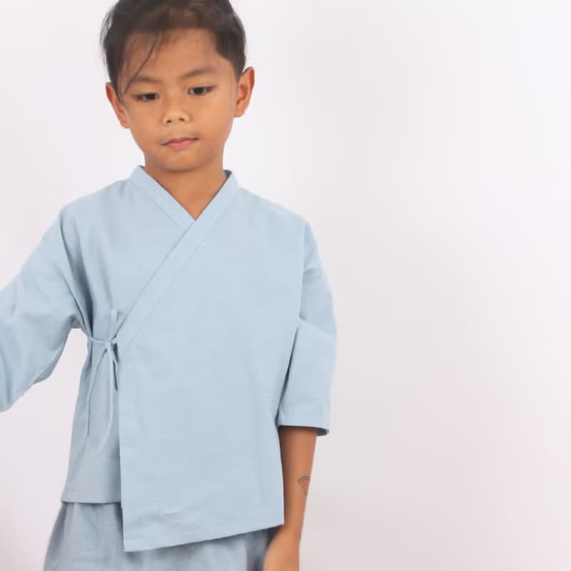 Kids Cotton Kimono Top, Wrap Top, Blue, Momo