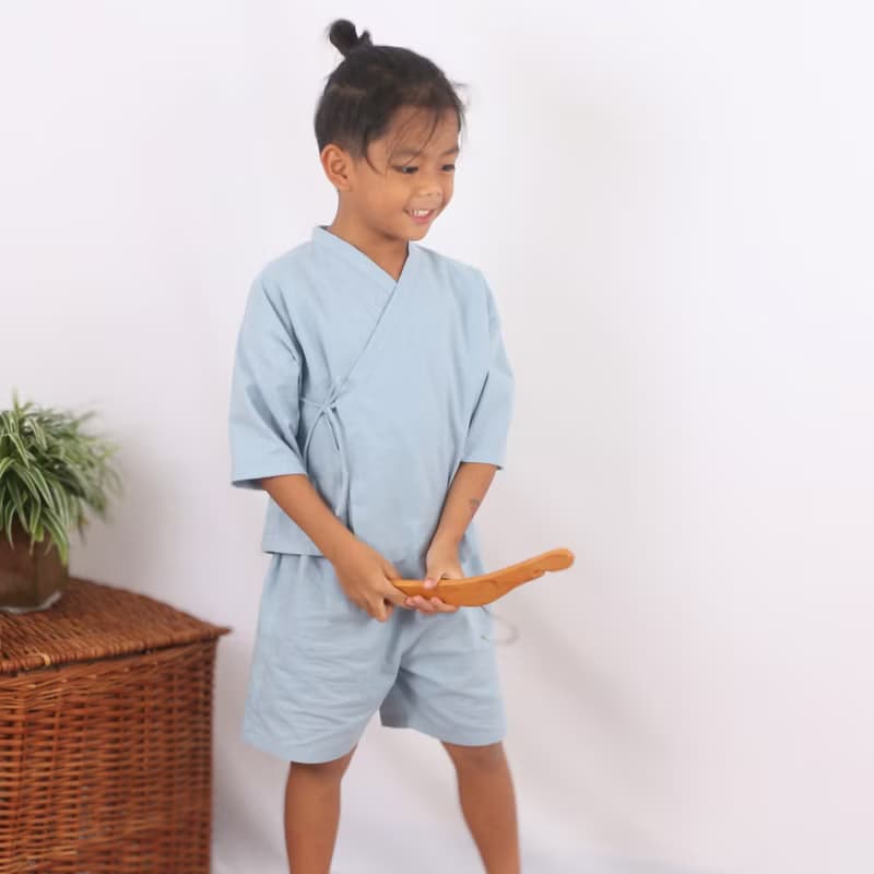 Kids Cotton Kimono Top, Wrap Top, Blue, Momo