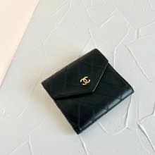 【LA LUNE】中古二手Chanel雙面小羊皮革黑色短夾小銀包零錢手袋