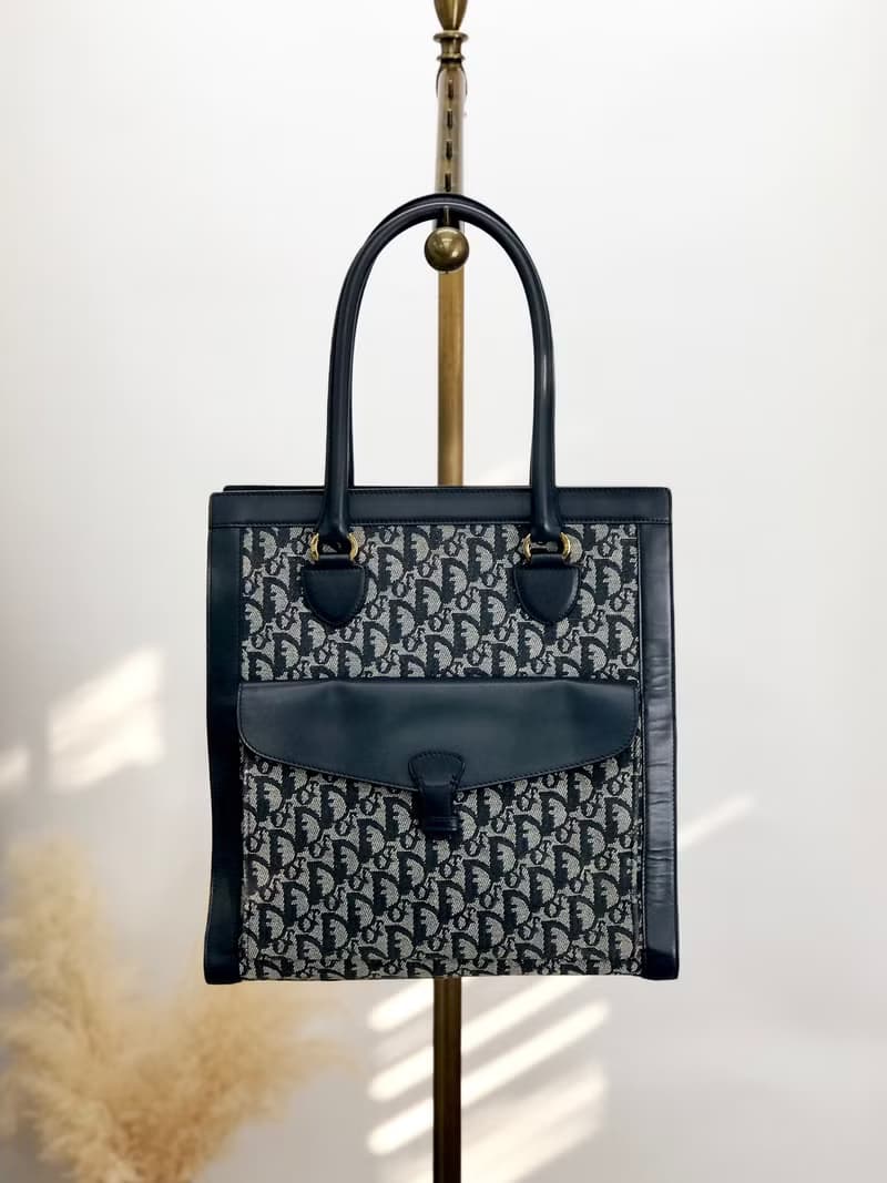 【 日本直送　名牌中古包 】Christian Dior トロッター トートバッグ ネイビー ジャガード フロントポケット vintage nak7gb