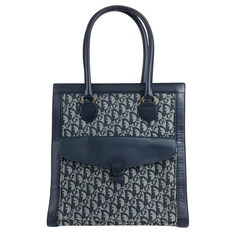 【 日本直送　名牌中古包 】Christian Dior トロッター トートバッグ ネイビー ジャガード フロントポケット vintage nak7gb
