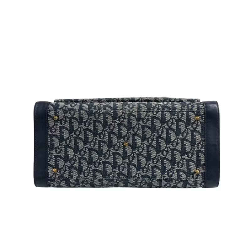 【 日本直送　名牌中古包 】Christian Dior トロッター トートバッグ ネイビー ジャガード フロントポケット vintage nak7gb