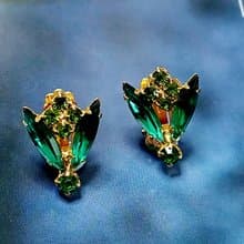vintage jewelry 典雅貴氣祖母綠萊茵石 夾式耳環