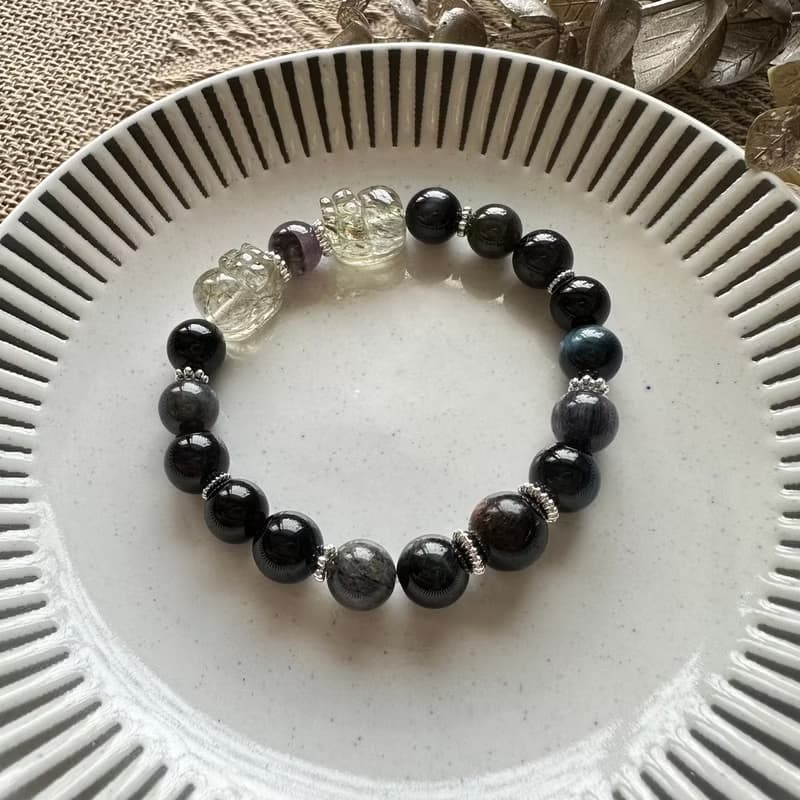 黑金超七雙貔貅彈性手鍊