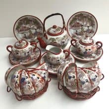 驚人的蛋殼瓷器咖啡茶具 日本產石版畫 | 1940年代