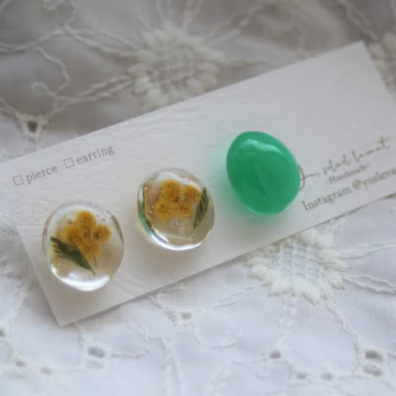 含羞草花耳環/耳環 3 件套綠色