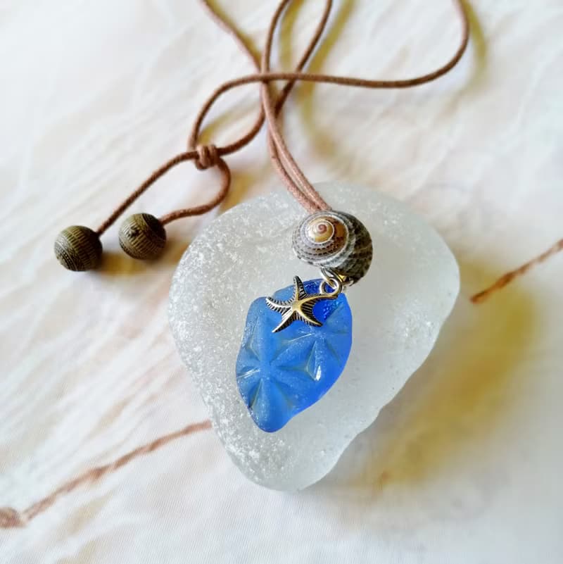 Blue Sea glass pendant海洋風 海玻璃项链Simple Daily Versatile手工装饰 Cute Ggift for her