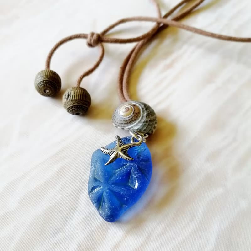 Blue Sea glass pendant海洋風 海玻璃项链Simple Daily Versatile手工装饰 Cute Ggift for her