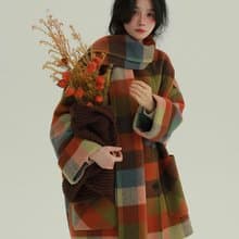 安徒生童話 彩虹格紋帶圍巾雙面尼外套 文藝女主長款料大衣