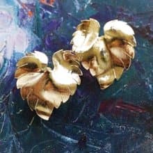 Vintage Jewelry 西洋古董飾品 優美 金色 刷紋葉子 夾式耳環