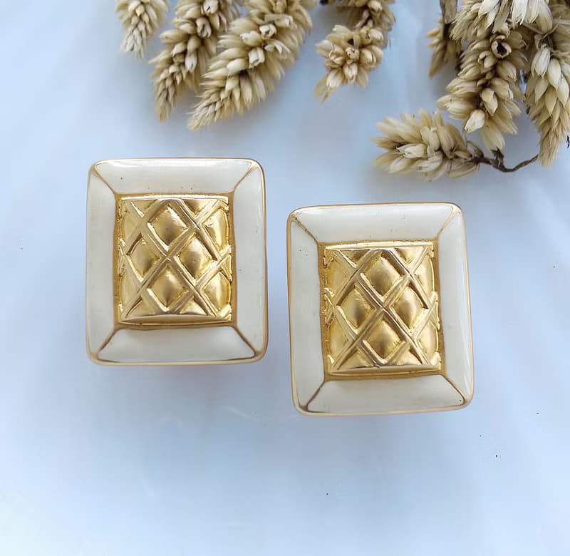 Vintage Jewelry 西洋古董飾品 個性 格紋 方塊  夾式耳環