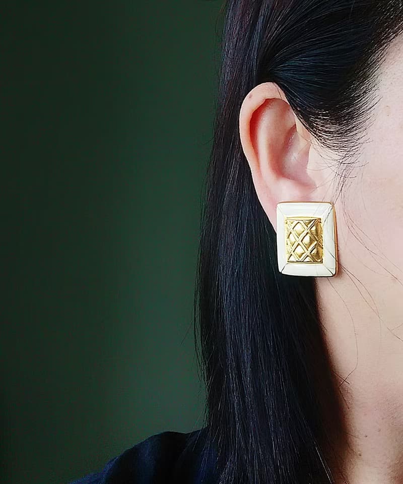 Vintage Jewelry 西洋古董飾品 個性 格紋 方塊  夾式耳環