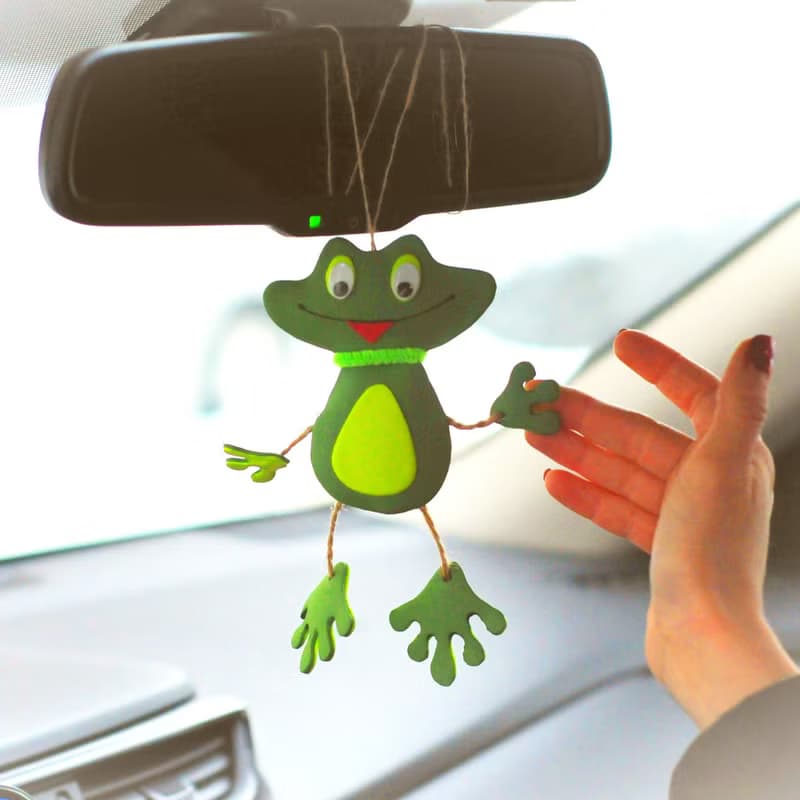 Hanging frog ornament for car mirror decor. Cute car accessory. Funny frog gift