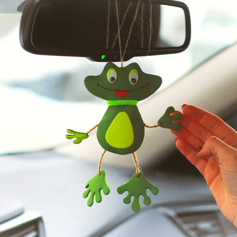 Hanging frog ornament for car mirror decor. Cute car accessory. Funny frog gift