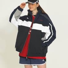Unvesno (UN) 往日情愫-復古運動藏藍槓條拼接棉服外套  CT-2168