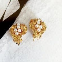 vintage jewelry  典雅金色蕨葉珍珠 夾式耳環