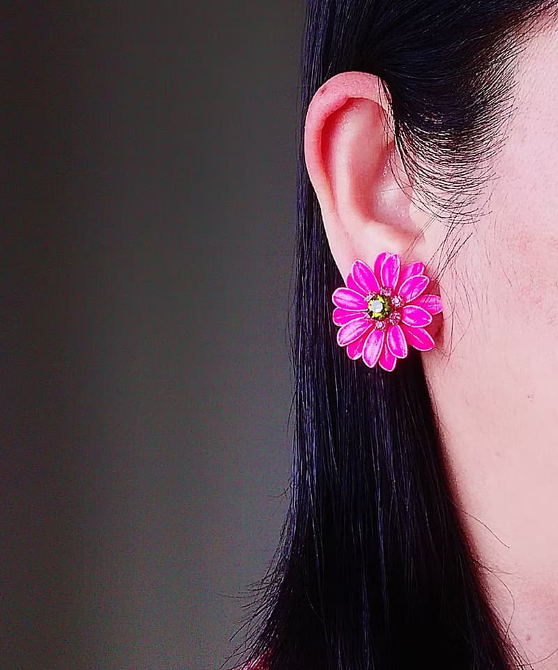 vintage jewelry  粉色琺瑯萊茵太陽花 夾式耳環