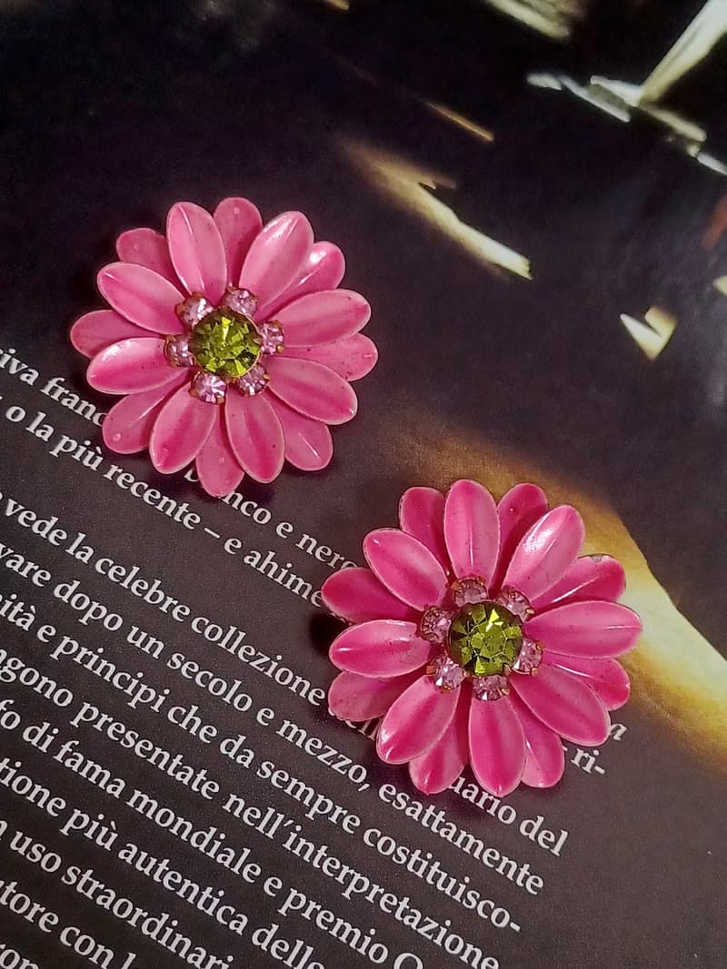 vintage jewelry  粉色琺瑯萊茵太陽花 夾式耳環