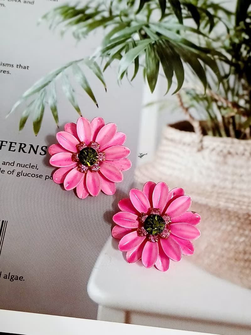 vintage jewelry  粉色琺瑯萊茵太陽花 夾式耳環