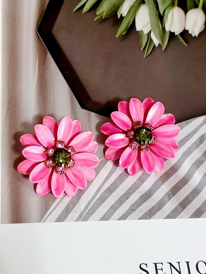 vintage jewelry  粉色琺瑯萊茵太陽花 夾式耳環