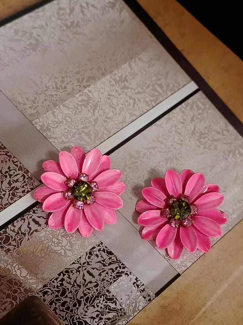 vintage jewelry  粉色琺瑯萊茵太陽花 夾式耳環