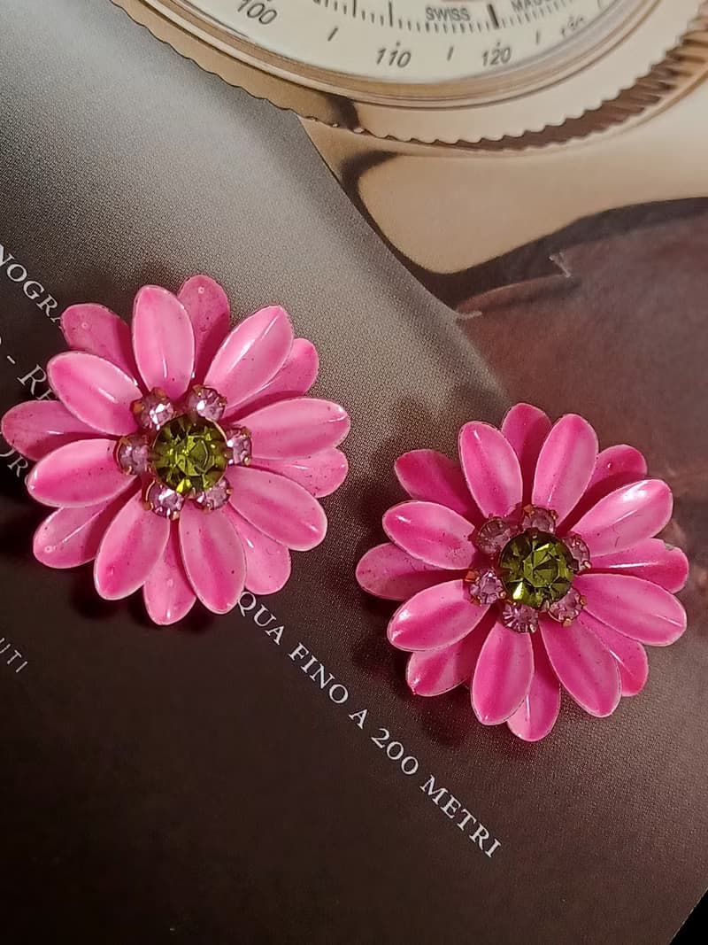 vintage jewelry  粉色琺瑯萊茵太陽花 夾式耳環
