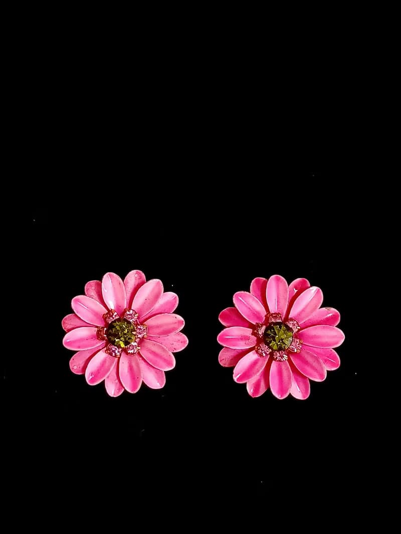 vintage jewelry  粉色琺瑯萊茵太陽花 夾式耳環