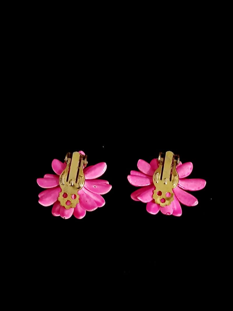 vintage jewelry  粉色琺瑯萊茵太陽花 夾式耳環