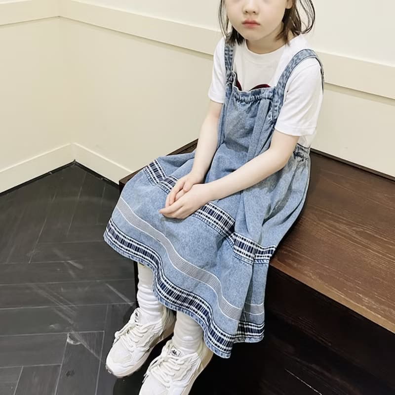 拼接水洗條紋吊帶裙 / 連身裙 裙子 洋裝 童裝