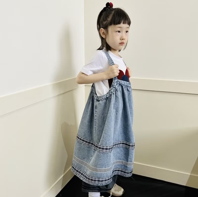 拼接水洗條紋吊帶裙 / 連身裙 裙子 洋裝 童裝