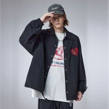 男士黑色休閑教練夾克  玫瑰愛心刺繡翻領襯衫外套