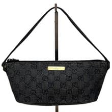 本物 GUCCI グッチ アクセサリーポーチ GG柄 デニム キャンバス レザー ブラック 中古