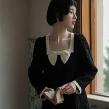 黑色 法式復古少女方領蝴蝶結洋裝 小香風連衣裙寬鬆小黑裙