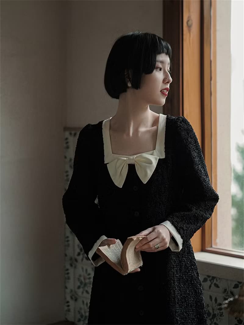 黑色 法式復古少女方領蝴蝶結洋裝 小香風連衣裙寬鬆小黑裙