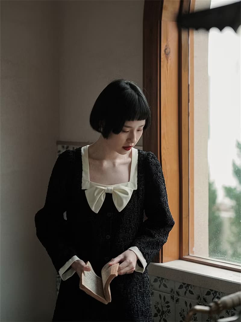 黑色 法式復古少女方領蝴蝶結洋裝 小香風連衣裙寬鬆小黑裙