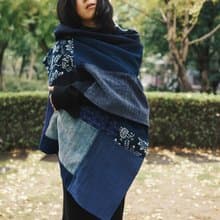 藍色拼佈個性款 藍夾纈大圍巾 藍靛植物染手織布男女中性拼布披肩