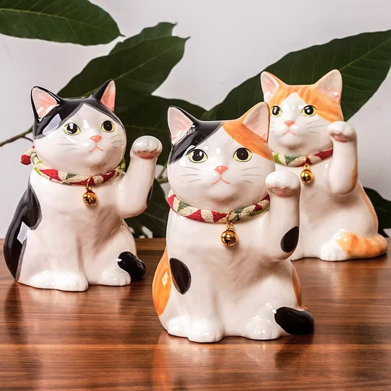 日本藥師窯祈福可愛貓陶瓷創意桌面玄關家居擺件開業生日喬遷禮品