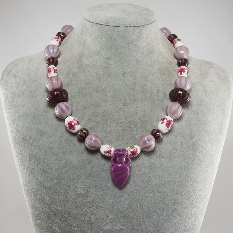 Lilac Purple Lavender Porcelain Ceramic Aroma Therapy Bottle Necklace Jewelry