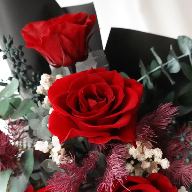 5朵永生玫瑰花束-酒紅色