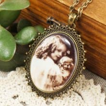 Beige Brown Porcelain Cameo Retro Girl Photo Portrait Pendant Necklace Jewelry