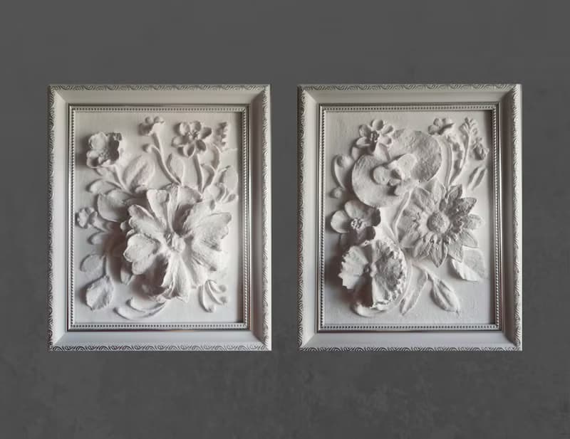 石膏牆藝術植物雕塑框架牆藝術浮雕 3d 藝術框架白色淺浮雕 花