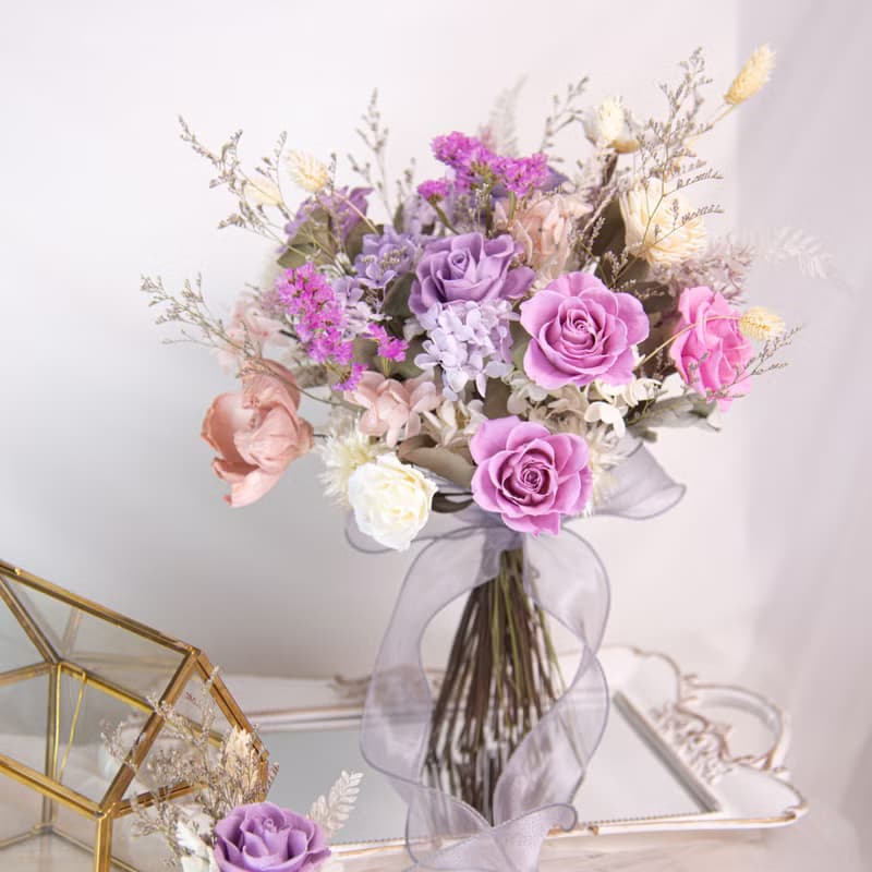 【浪漫總和】新娘捧花 粉紫色 乾燥花 永生花 / 結婚胸花 手腕花