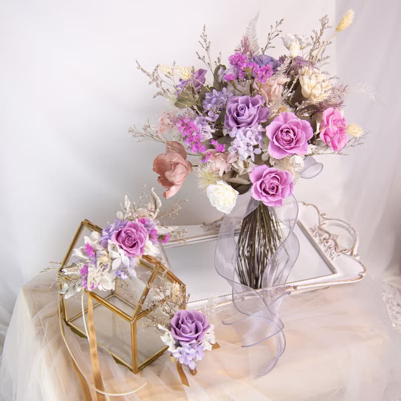 【浪漫總和】新娘捧花 粉紫色 乾燥花 永生花 / 結婚胸花 手腕花