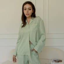 親膚柔軟感條紋長袖套裝-若葉綠條紋女(獨家送電繡)