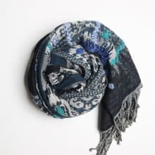 【畢業禮物】喀什米爾水煮羊毛手工刺繡圍巾披肩神秘深藍色拼紗