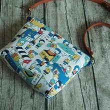 手工縫製托特側肩包帆布手袋化妝包 粉藍台灣夜市圖案