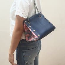 自由組合式 小方形皮革拼布手袋  藍色皮革 布料隨時替換