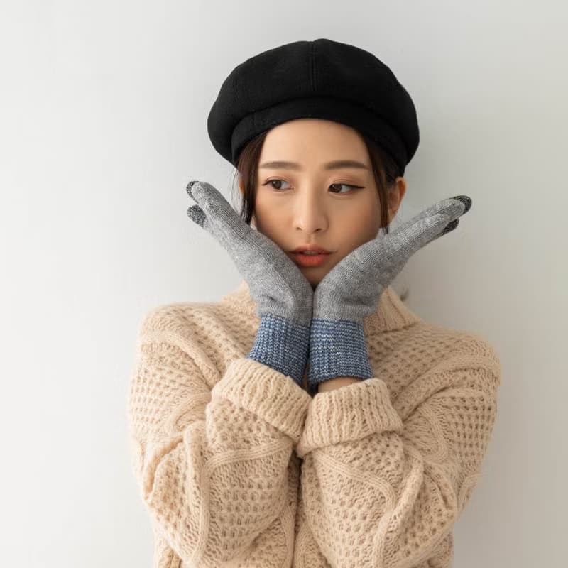 毛線加絨觸控手套-純色 針織手套 毛線手套